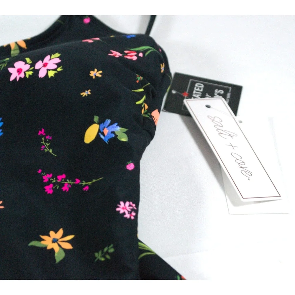 Salt + Cove Women's Floral One-Piece Swimsuit Black Pink Lace-Up Cutout Sz L NEW